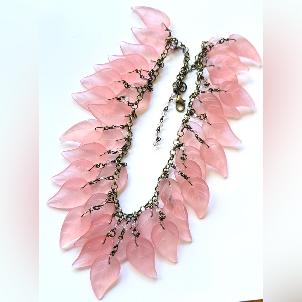 Large Pink Glass Leaf Cascade Necklace - Women’s Jewelry